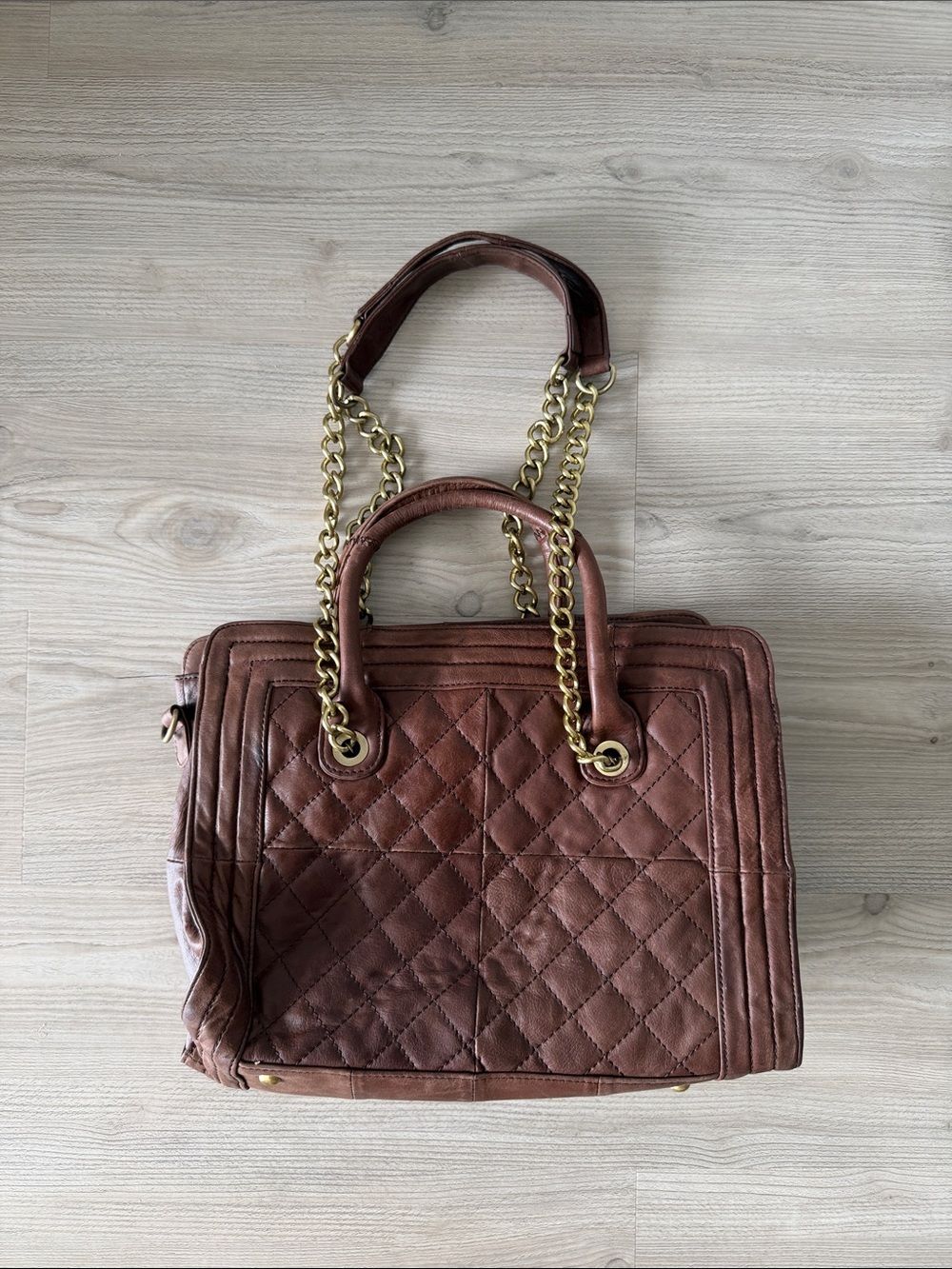 Love Stitch Brown Quilted Faux Leather Tote Bag with Gold Chain Handles & Strap